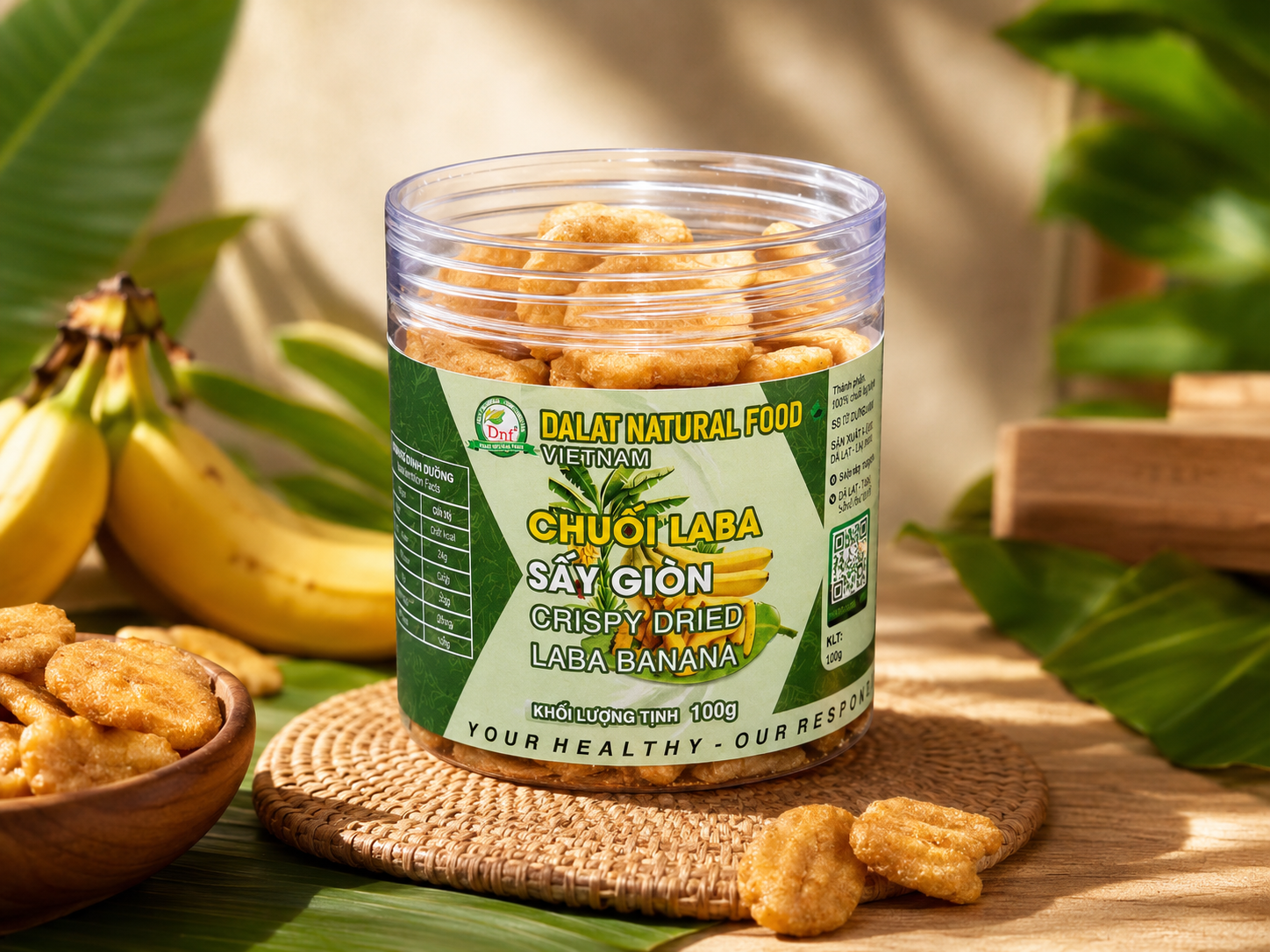 Chuối Laba sấy giòn Đà Lạt Tự Nhiên, khối lượng tịnh 100g.
