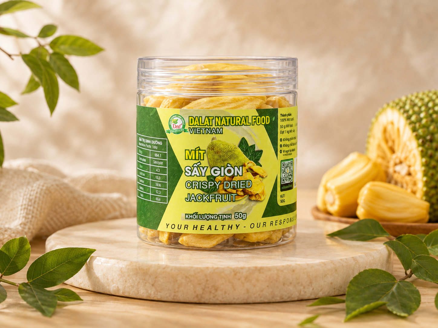 Mít sấy giòn Đà Lạt Tự Nhiên, khối lượng tịnh 50g, thơm vị mít chín tự nhiên.
